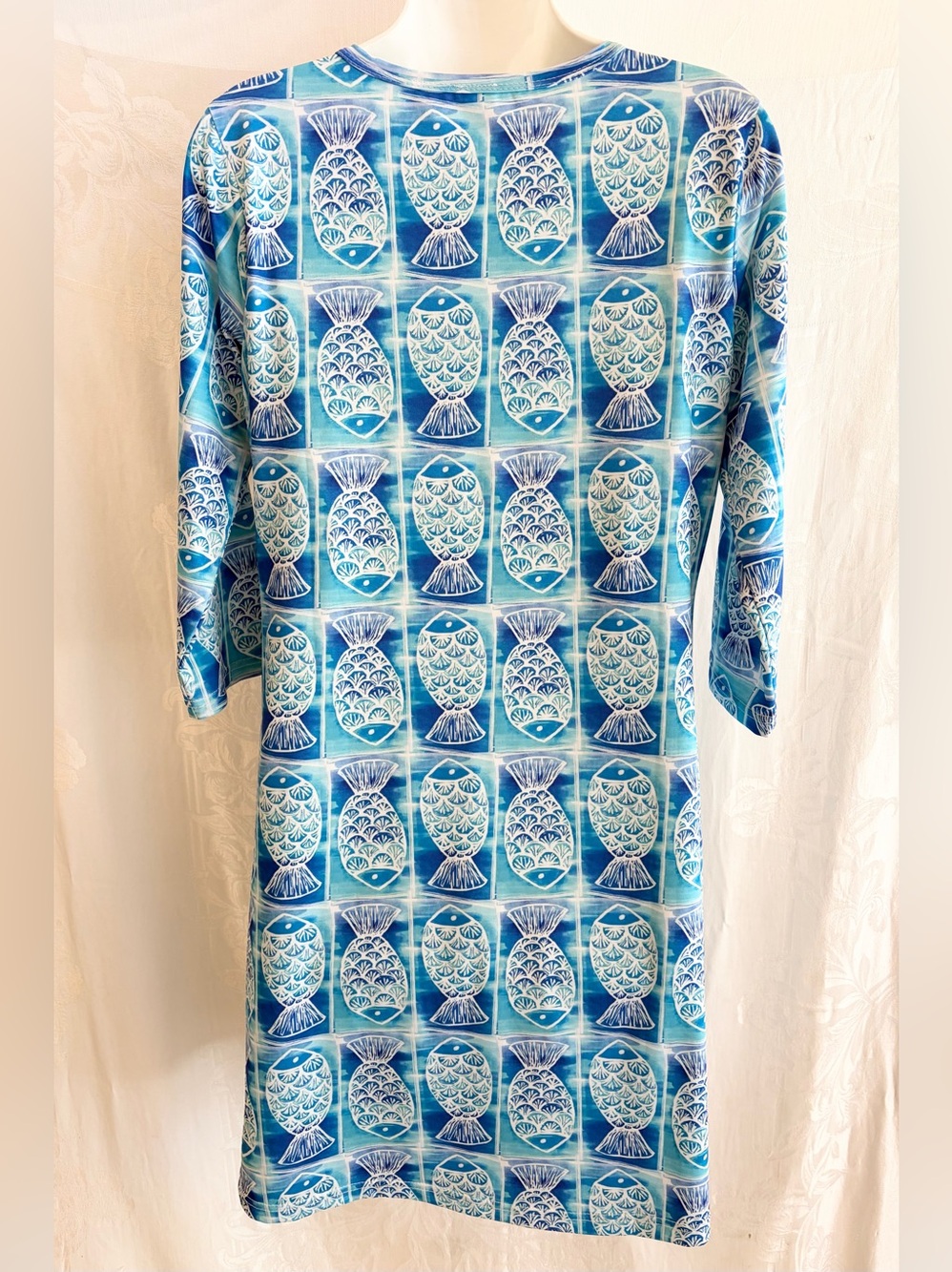 LULU B Aqua Fish Tile 3/4 Sleeve Dress Size S $90 UPF 50 Jersey Travel Resort - Picture 3 of 5